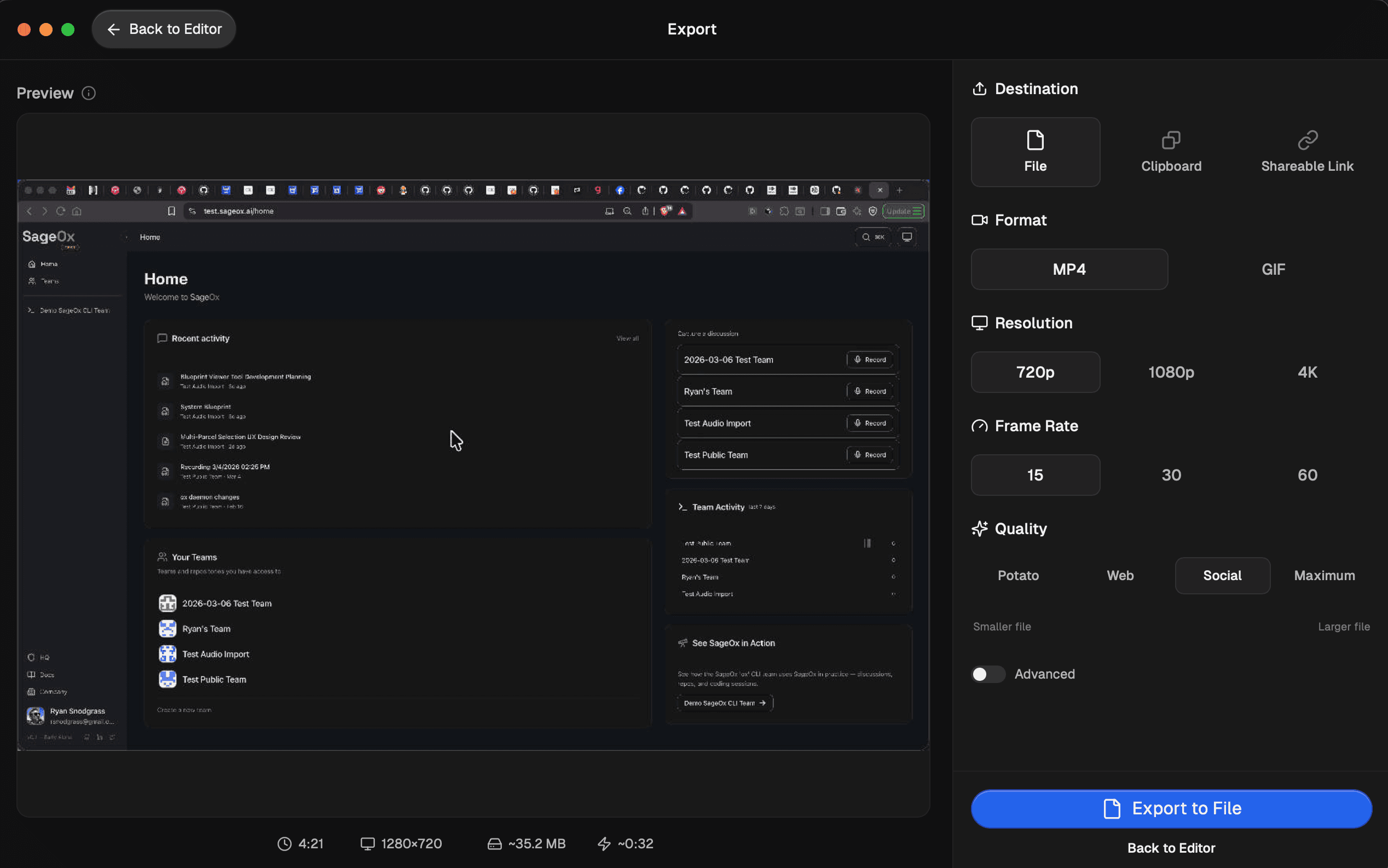 Cap export settings showing MP4 format, 720p resolution, 15fps, Social quality